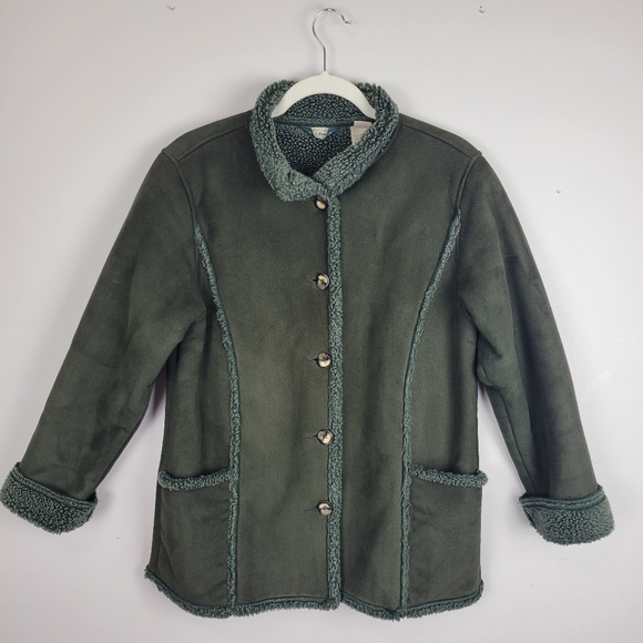 Vintage L.L.Bean Faux Suede Penny Lane Sherpa Chore Coat Olive Green Small - Picture 1 of 8